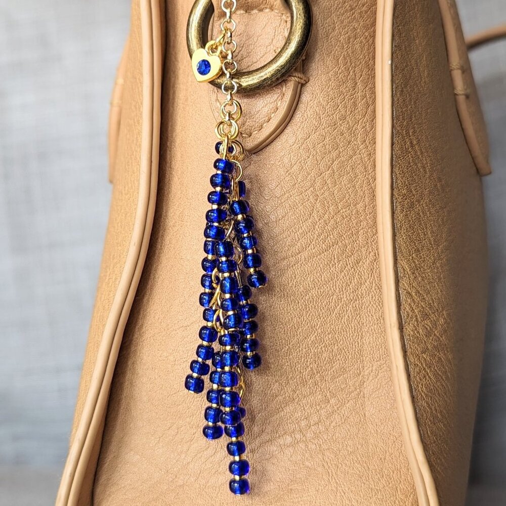 SAPPHIRE BLUE & GOLD BEADED CHARM FOR HANDBAG TOTE OR PURSE